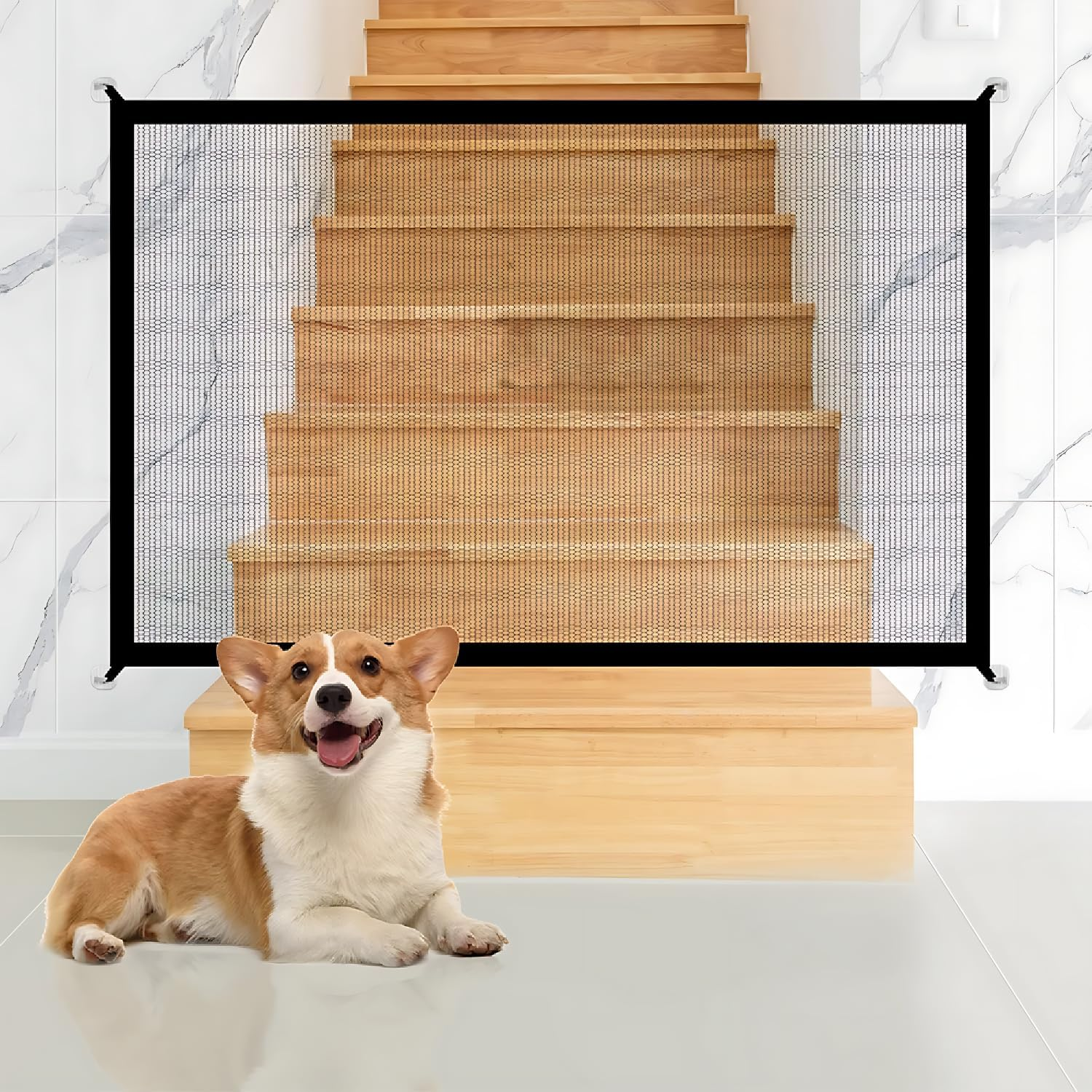 EZONEDEAL Pet Mesh Gate, Portable Folding Mesh Magic Gate for Stairs Wide 70.8"X27.56", Retractable Dog Cat Safe Gate Guard Safety Fence for Hall Doorway Door Stair House Wall Mount, Dog Stairs Gate image number 5