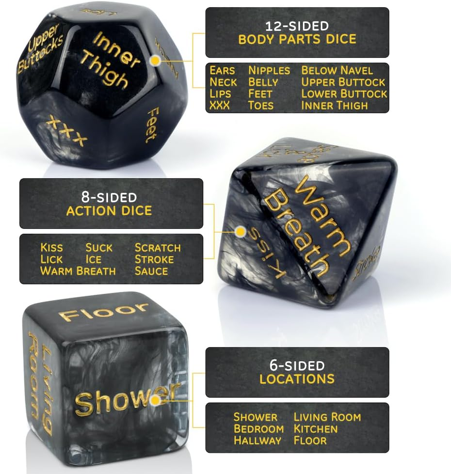 Larger Sized, Sex Dice Games for Adults Couples, Date Night Dice, 96 Foreplay Suggestions, 36 Sexual Positions, 6 Location Options = 20,000+ Sexual Scenarios...Black Marble image number 5
