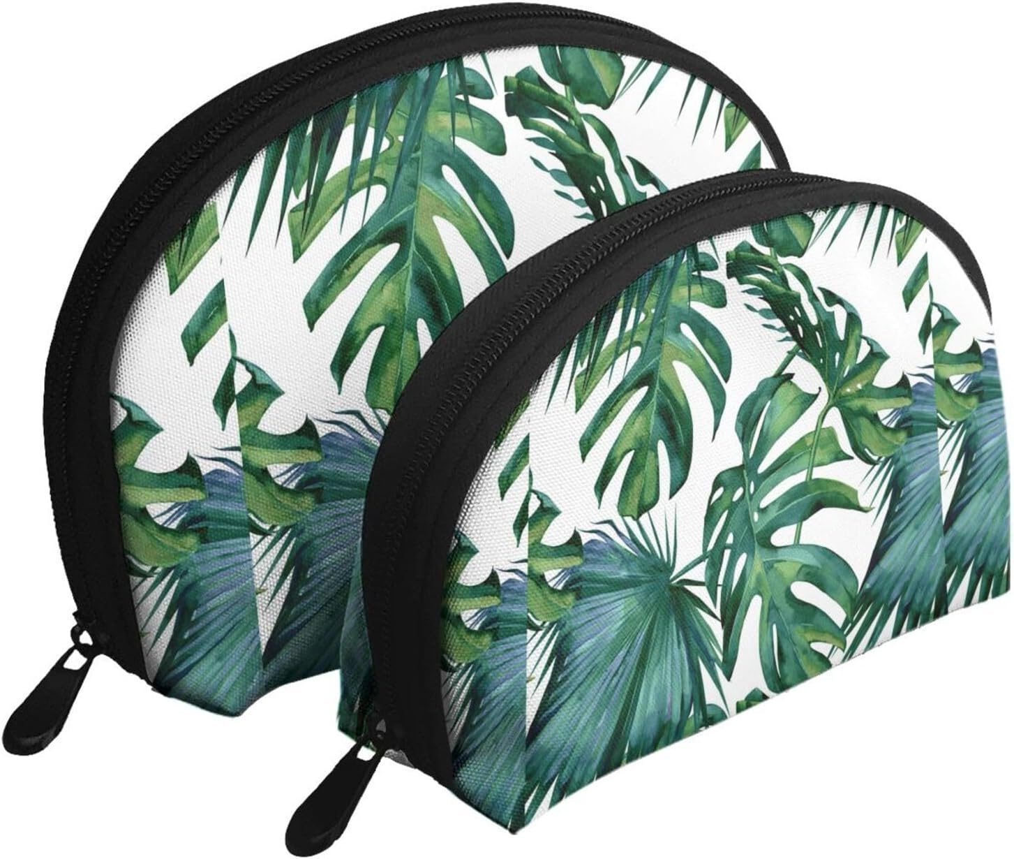 Cozimangoe Coin Pouch Makeup Bags Set, 2 Piece Shell Shape Cosmetic Bag with Pockets for Daily Travel Handbag Lipstick Keys Toiletry, Personalized Tropical Palm Leaves 1