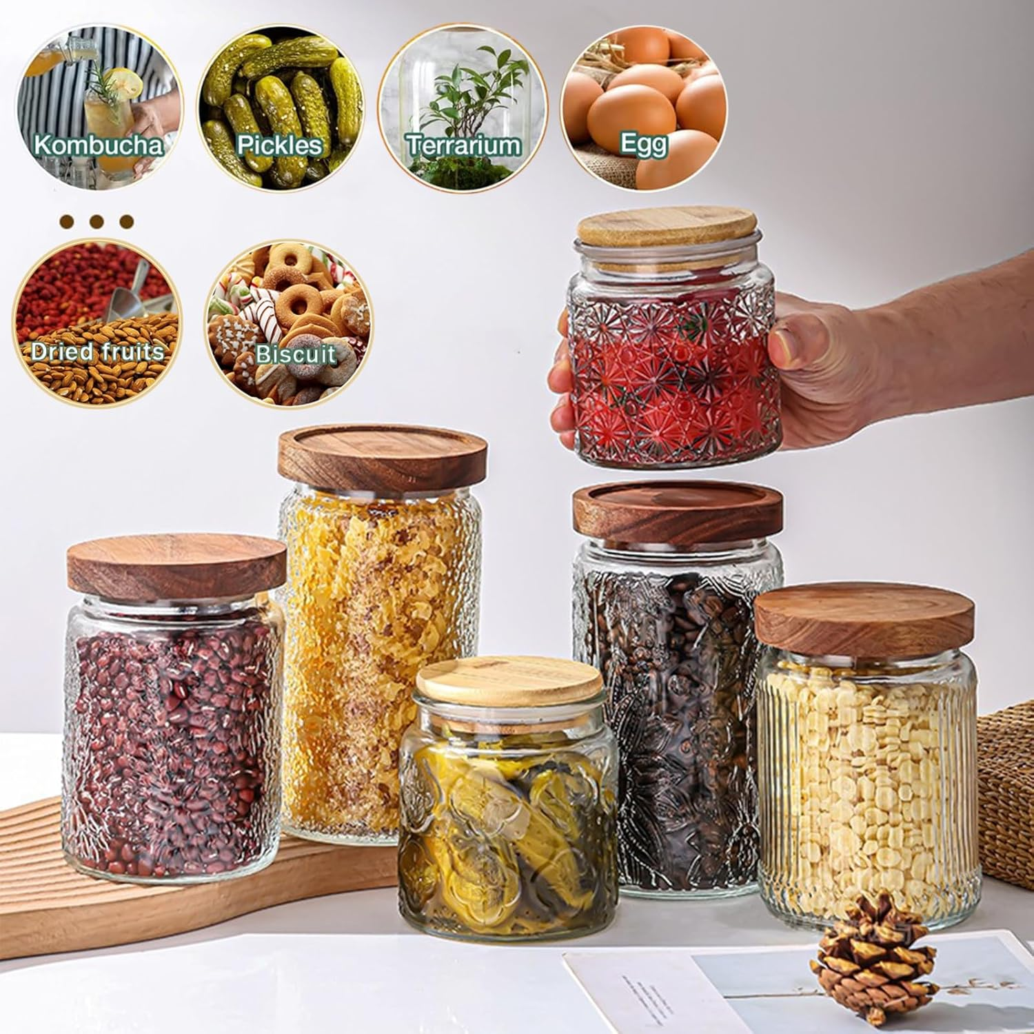 Vintage Glass Jar，34Oz/2Pcs Glass Storage Jar with Airtight Bamboo Wooden Lids，Glass Food Storage Containers for Kitchen Counter Pantry Coffee Beans Tea Oats Candy Jar (Stone Pattern+Flower) - Stone Pattern+Flower image number 2