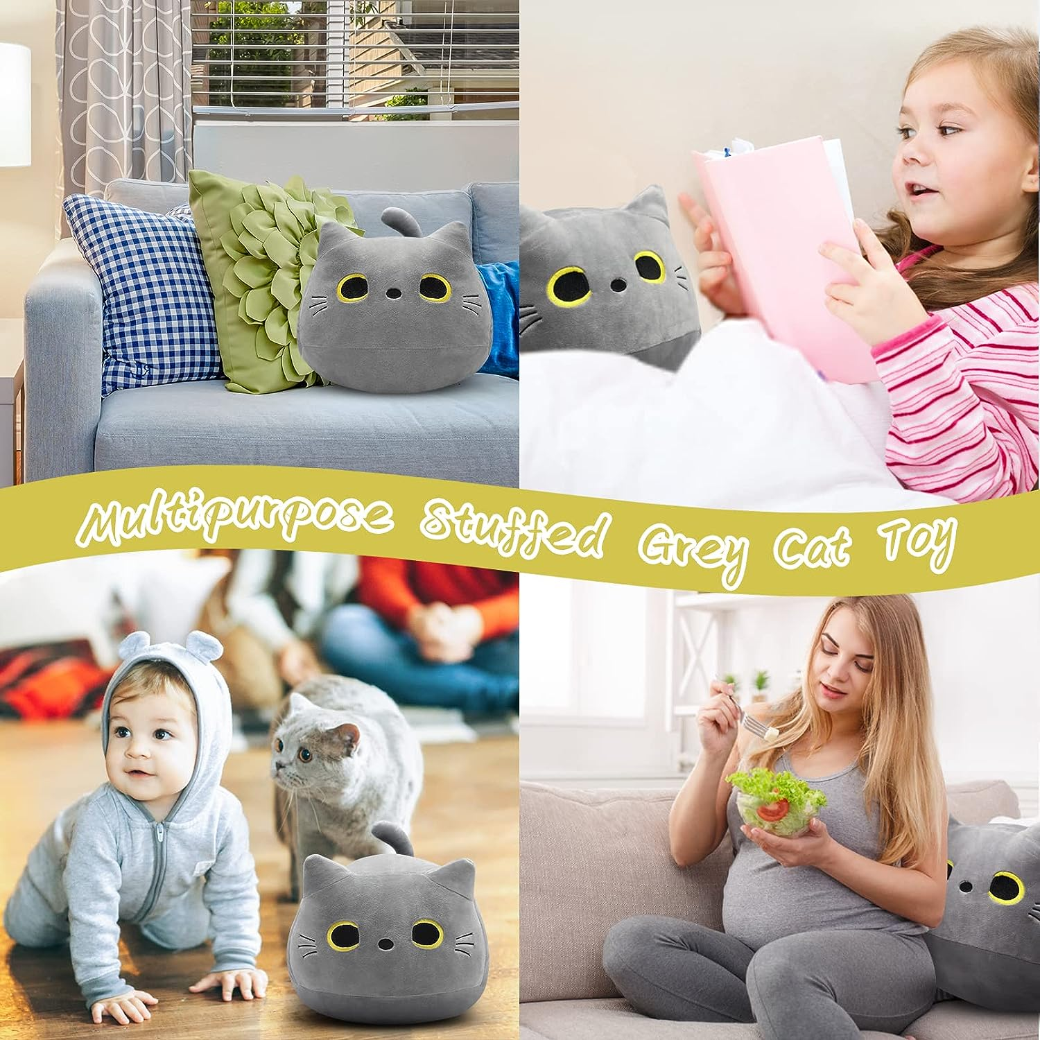 Gray Cat Plush Pillows Toys, 12'' Kawaii Stuffed Animals Cute Soft Plushie Pillow Toys for Birthday Christmas Halloween Kids Gifts Home Car Decoration ,Grey HMHMPR-001 image number 3