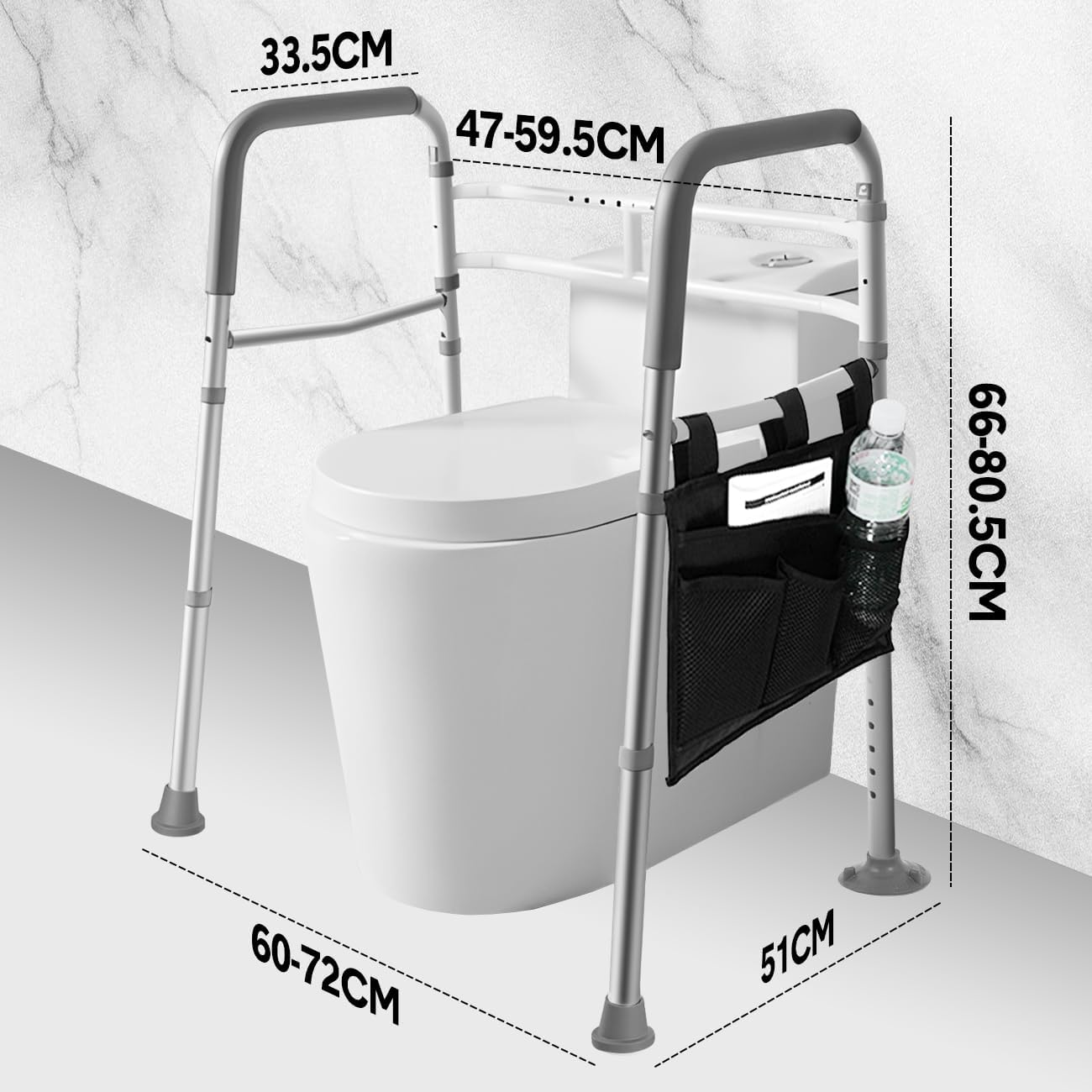 Adjustable Toilet Safety Seat Risers for Seniors with Storage Pouch,Stand Alone Toilet Safety Frame with Handles for Elderly image number 4