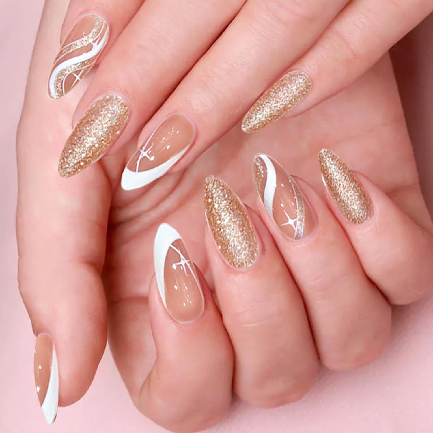 BUOKSLLY 24 Pieces Almond Shape Push on Nails, Matte Black & Gold Glitter, Nail Art Set, Stick on Nails for Daily Use, Party & More image number 3