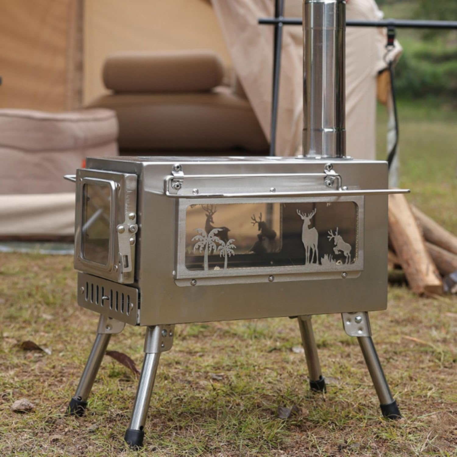 Portable Stainless Steel Camping Tent Stove Multifunctional Wood Burner with Both View Window, Outdoor Heater Cooker for Backpacking Hiking Fishing image number 4