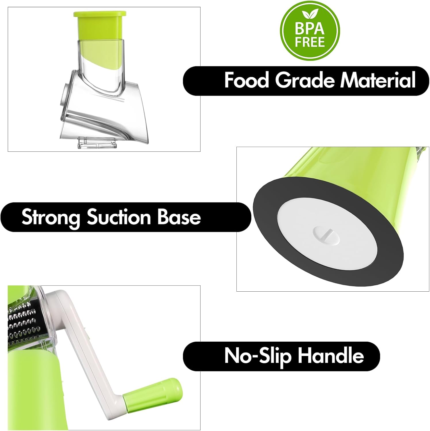 Rotary Cheese Grater Shredder, Speed Kitchen Manual round Mandolin Slicer Safe Grinder with 3 Interchangeable Blades for Nuts, Carrot, Hashbrown, Garlic, Walnut, Potato, Chocolate (Green)