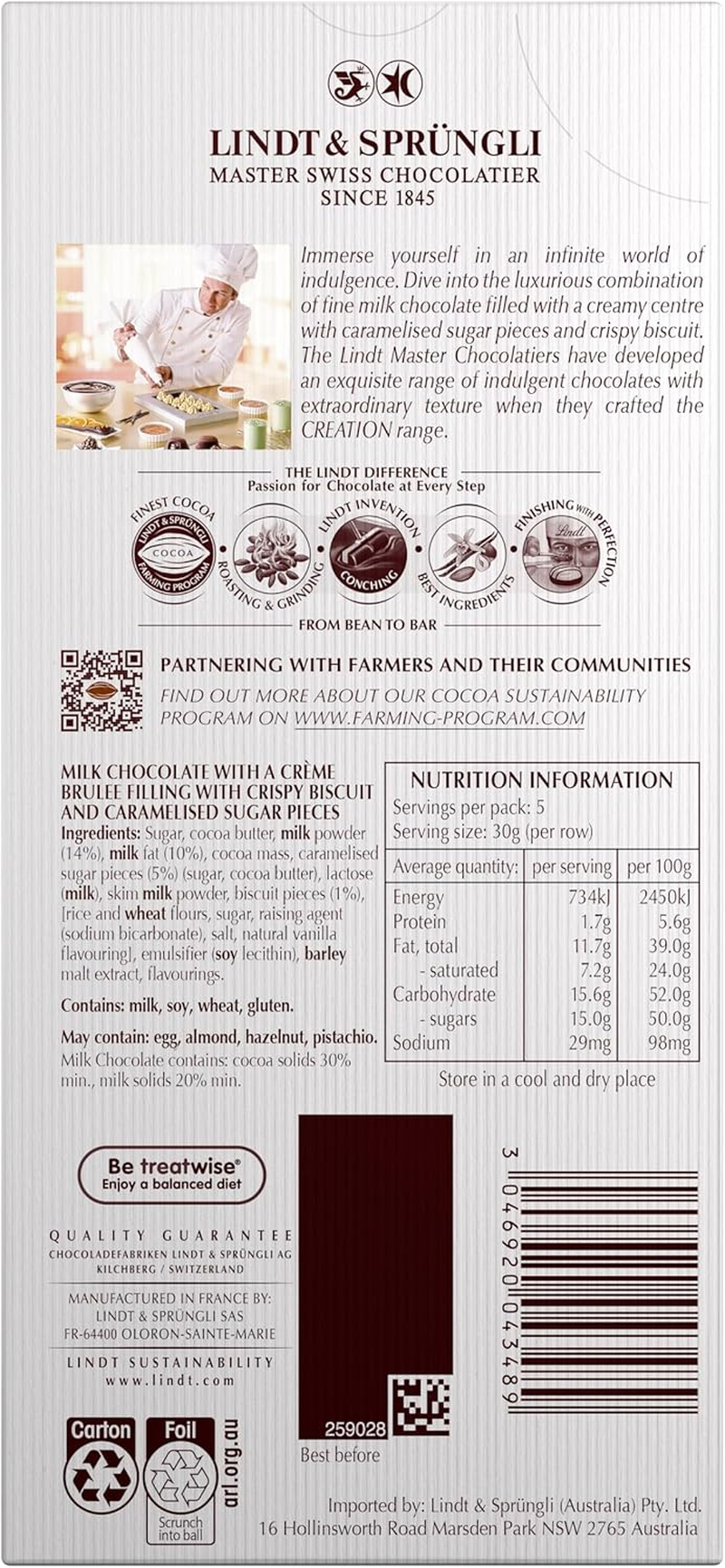 Lindt Creation Cr&egrave;me Brulee Chocolate Block 150G image number 4