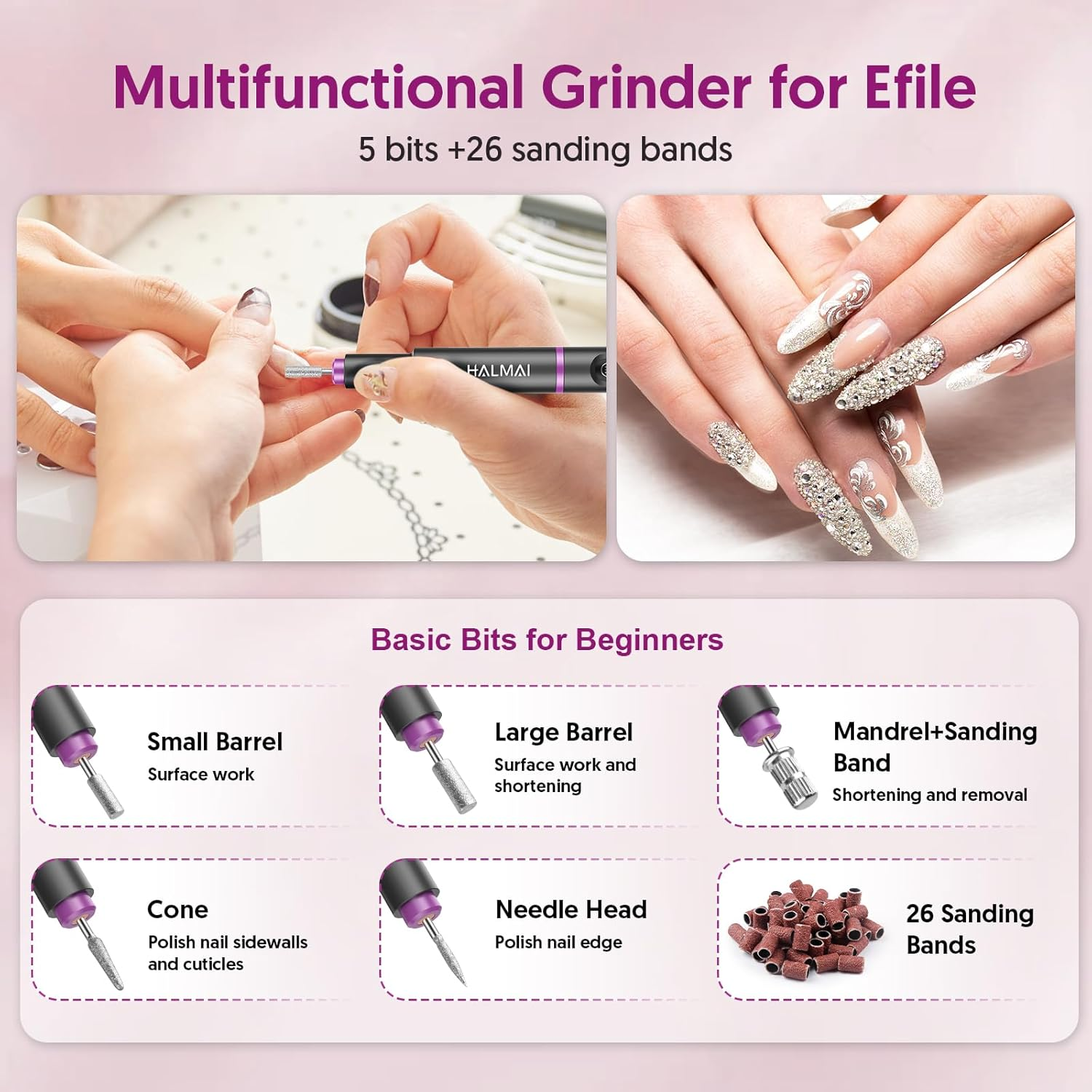 HALMAI Electric Nail Drill Machine, Cordless Portable Nail File Kit for Acrylic,Gel Nails, Rechargeable Professional Acrylic Manicure Pedicure Machine for Home with Max 20000 RPM (Basic-Dark Grey) image number 2