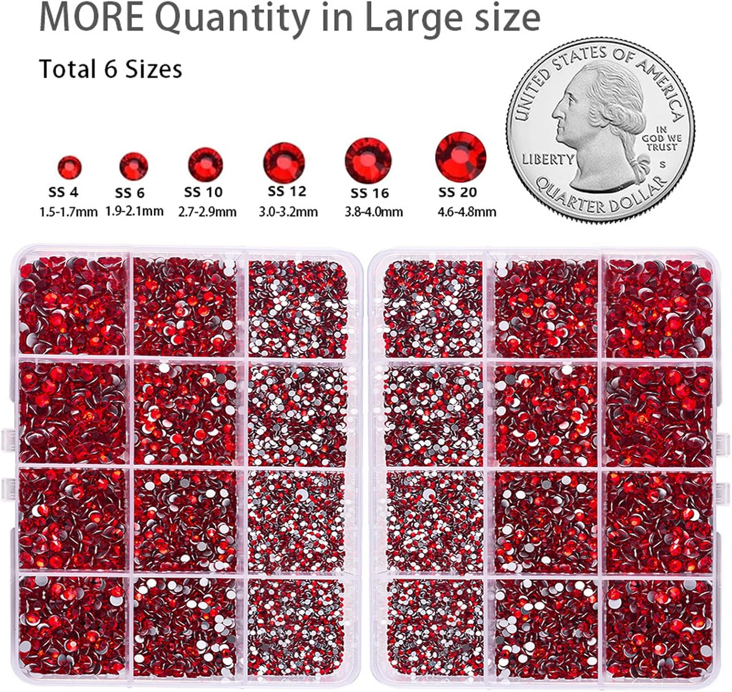 10000Pcs Rhinestone Gems Kit (2 Boxes 6 Sizes), 1.5-4.8Mm Nail Gems Flatback Rhinestone for Crafts, Red Rhinestones with Picking Pen and Tweezers for Crafts Decoration and Jewelry Making image number 3