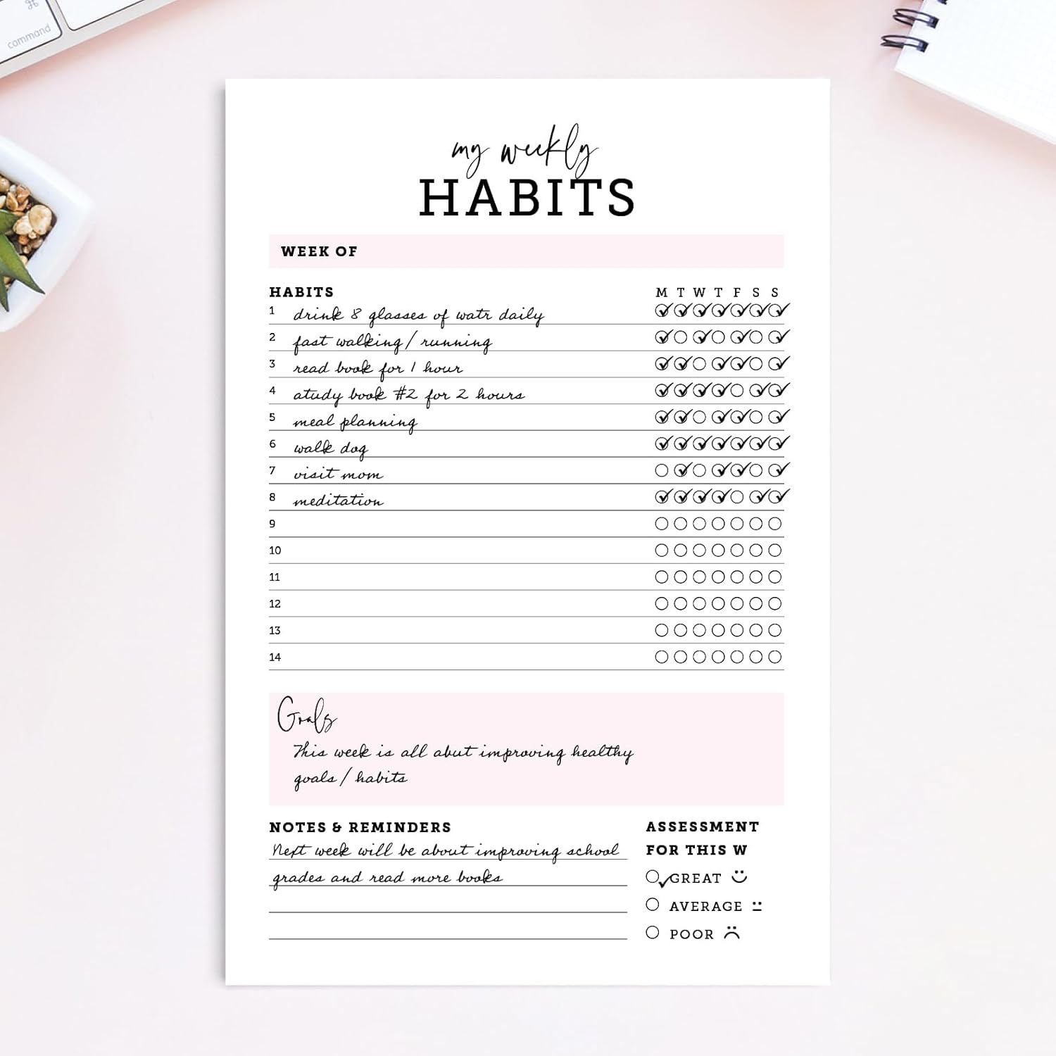 CARDAMONOLY Habit Tracker Notepad in Black and Light Pink- 50 Page Tear off Planning Pad - 6 X 9 - High Performance Planner - Chore Chart for Adults - Weekly Planner Undated - Self Care Planner image number 6
