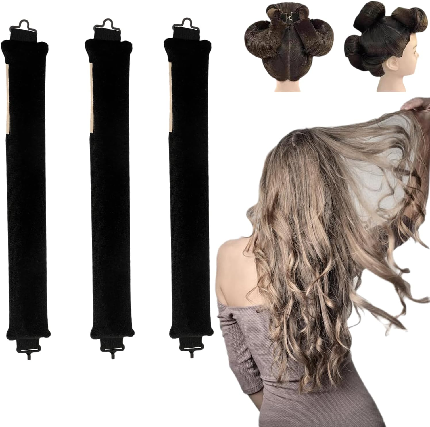 Heatless Curling Rod Headband, WINOK 3-Pack Heatless Curling Set for Overnight Styling, No Heat Hair Rollers for Short Long Hair - Black image number 1