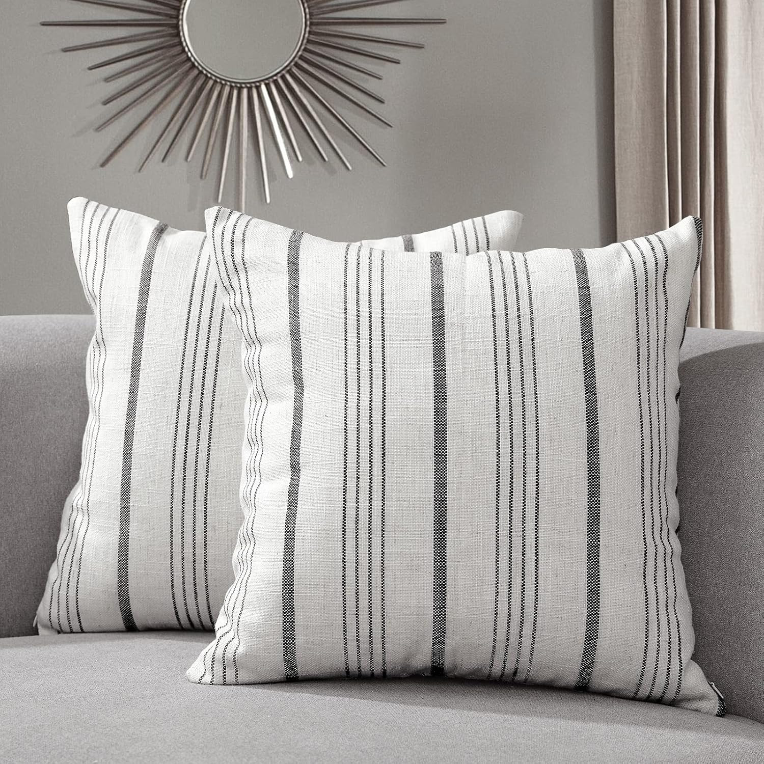 Sunlit Decorative Farmhouse Throw Pillow Case, Set of 2 Cream/Off-White with Gray Stripes Modern Accent Square Pillow Cover, 26" X 26", Textured Linen Throw Cushion Covers for Couch Chair Bedroom