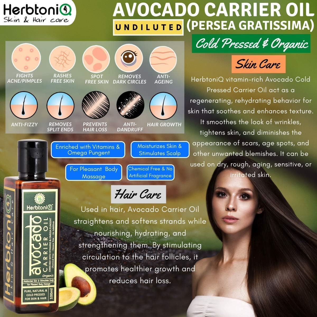Herbtoniq Organic Avocado Cold Pressed Carrier Oil for Moisturizing, Healing, Dry Skin, Nails & Hair Care (100Ml, 3.38 Fl Oz) image number 1