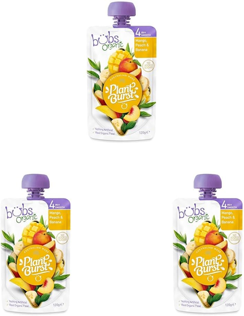 Bubs Organic Mango, Peach & Banana Pouch, 4+ Months Baby Food, Fruit Puree Snack, No Added Sugar, 120G image number 2