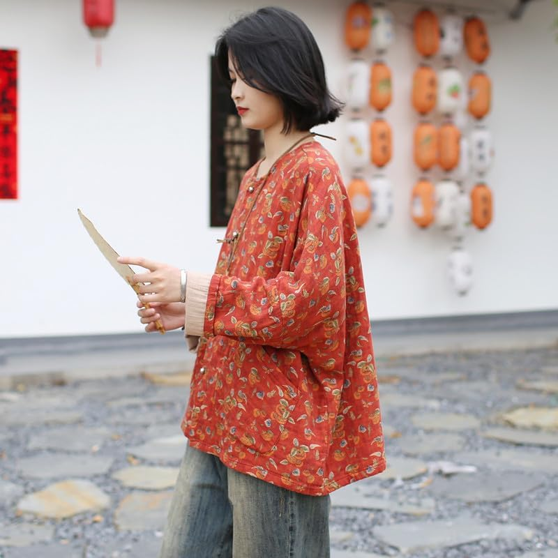 Women'S Vintage Batwing Sleeve Frog Button Jacket Loose round Neck Cotton Linen Ethnic Style Top Orange image number 6
