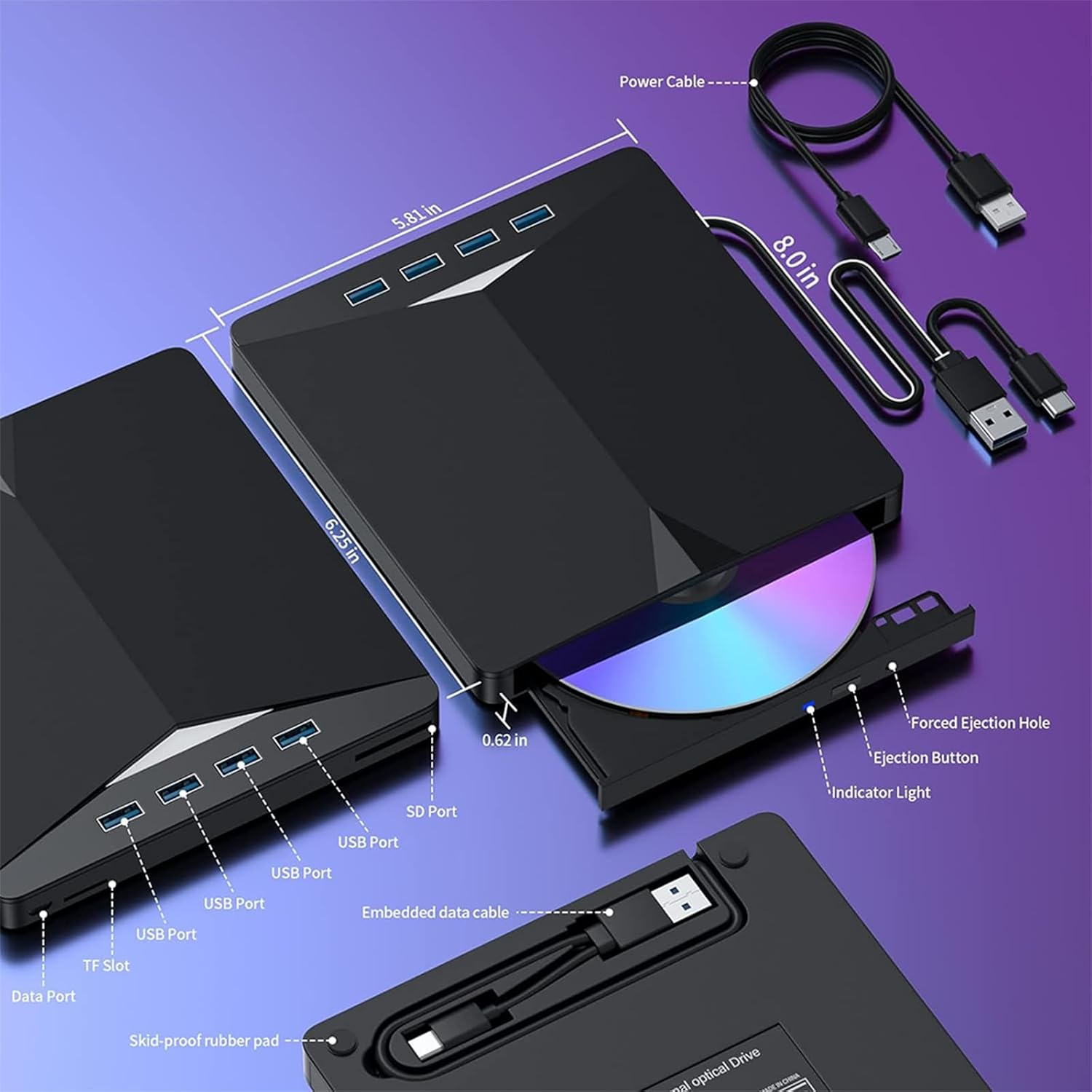 Versatile External Optical CD/DVD Drive - USB 3.0 and Type-C Interface, 7 in 1 for Desktop, Laptop, Mac, PC, Windows, Linux - ROM +/-RW Adapter with USB Port image number 1