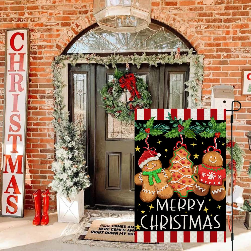CROWNED BEAUTY Merry Christmas Garden Flag 12X18 Inch Double Sided Small Burlap Holiday Gingerbread Man Flag for outside Yard CF1642-12 image number 4