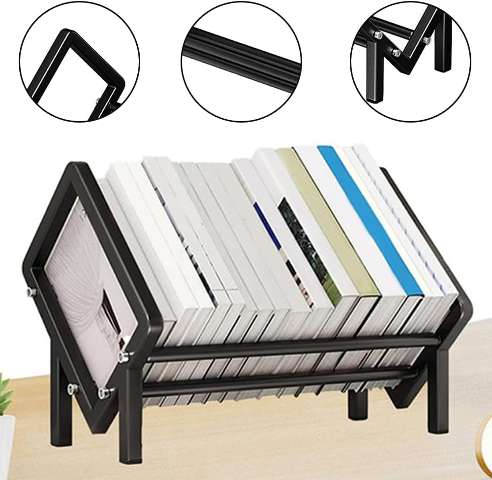 Desktop Stainless Steel Book Rack, Small Bookshelf Organizer, Tabletop Mini Bookcase 40X26X28 Cm