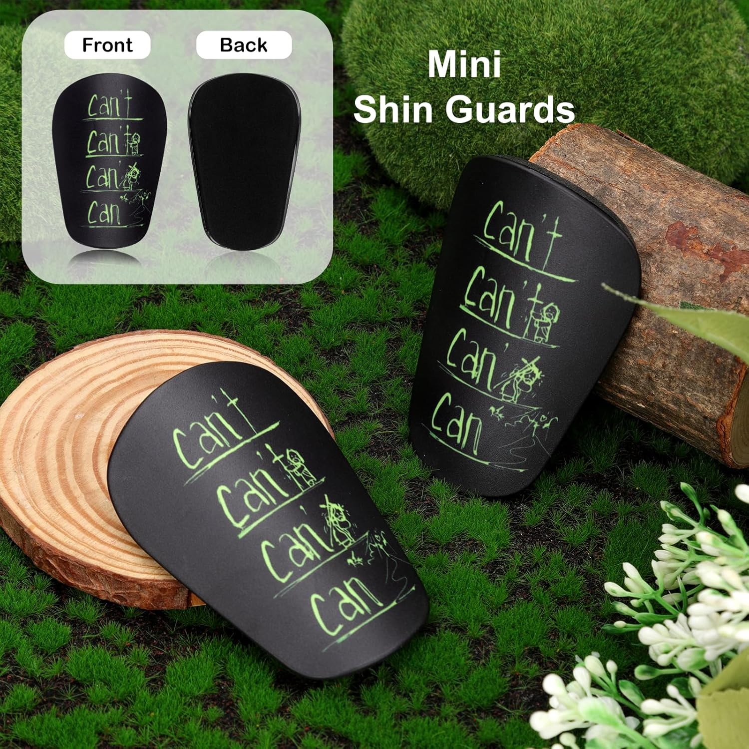 2Pcs Mini Shin Guard, 3.15X1.97 Inch Miniature Soccer Shin Pads Small Shin Protective Tiny Football Shin Supplies Cushion Protection for Kids Youth Adults (Green Text on Black Background) image number 1