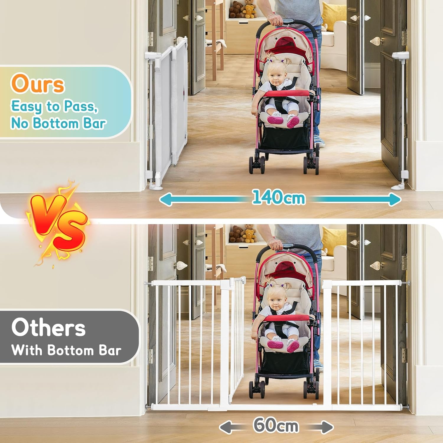 Foldable Baby Gate, Adjustable Baby Gates for Doorways, Dog Gate Adjustable Width 80 to 140Cm, 75Cm Tall Pet Gate One Handed Operation, Mesh Safety Gate for Stairs/Hallways/Outdoor/Indoor image number 5