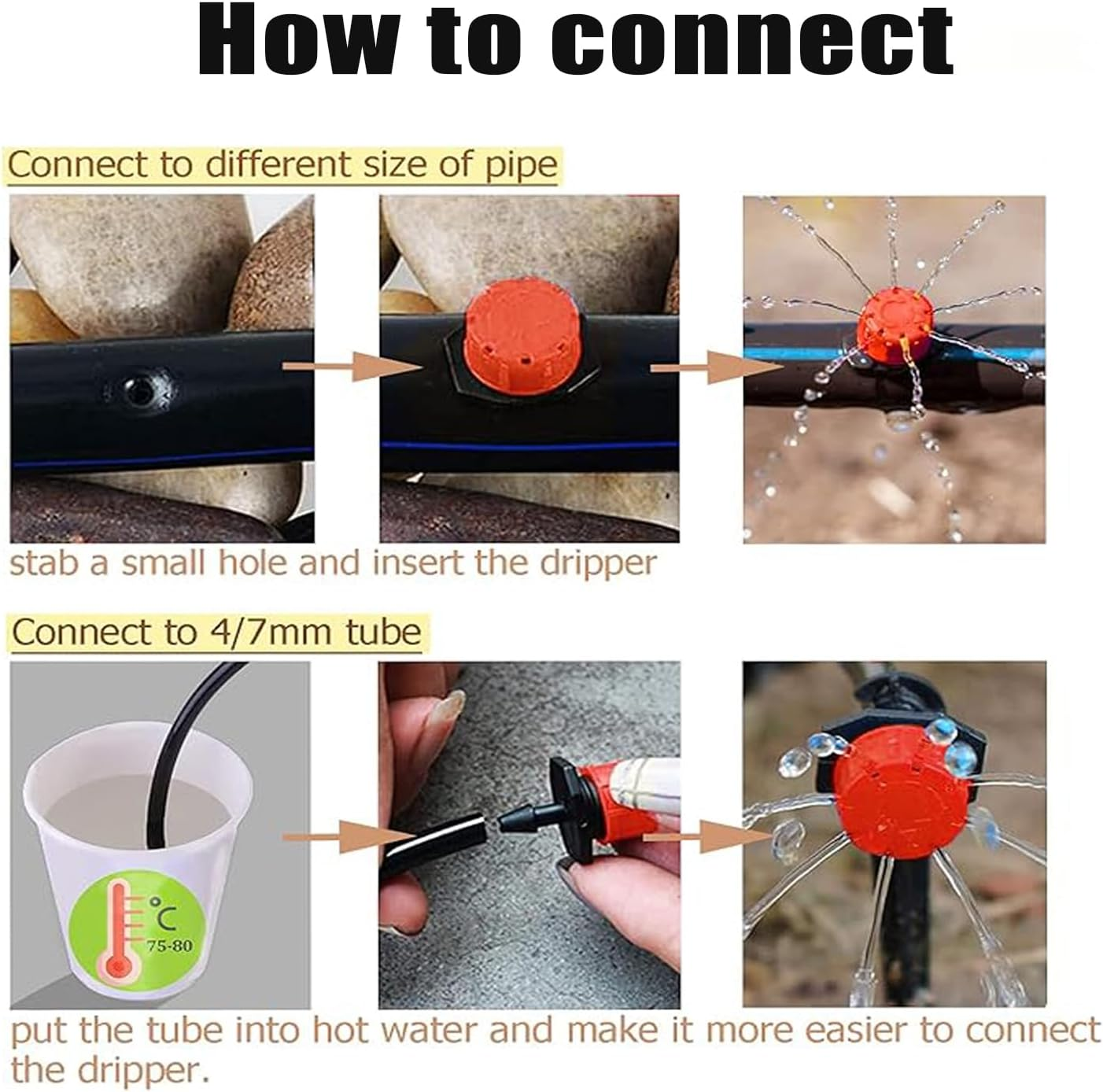 100 Pcs Drip Irrigation Emitters, 360 Degree Adjustable Irrigation Drippers Sprinklers, 1/4 Inch Emitters Drip Fittings, Drip Line Emitter for Gardens, Flower Beds, Lawns Watering System image number 1