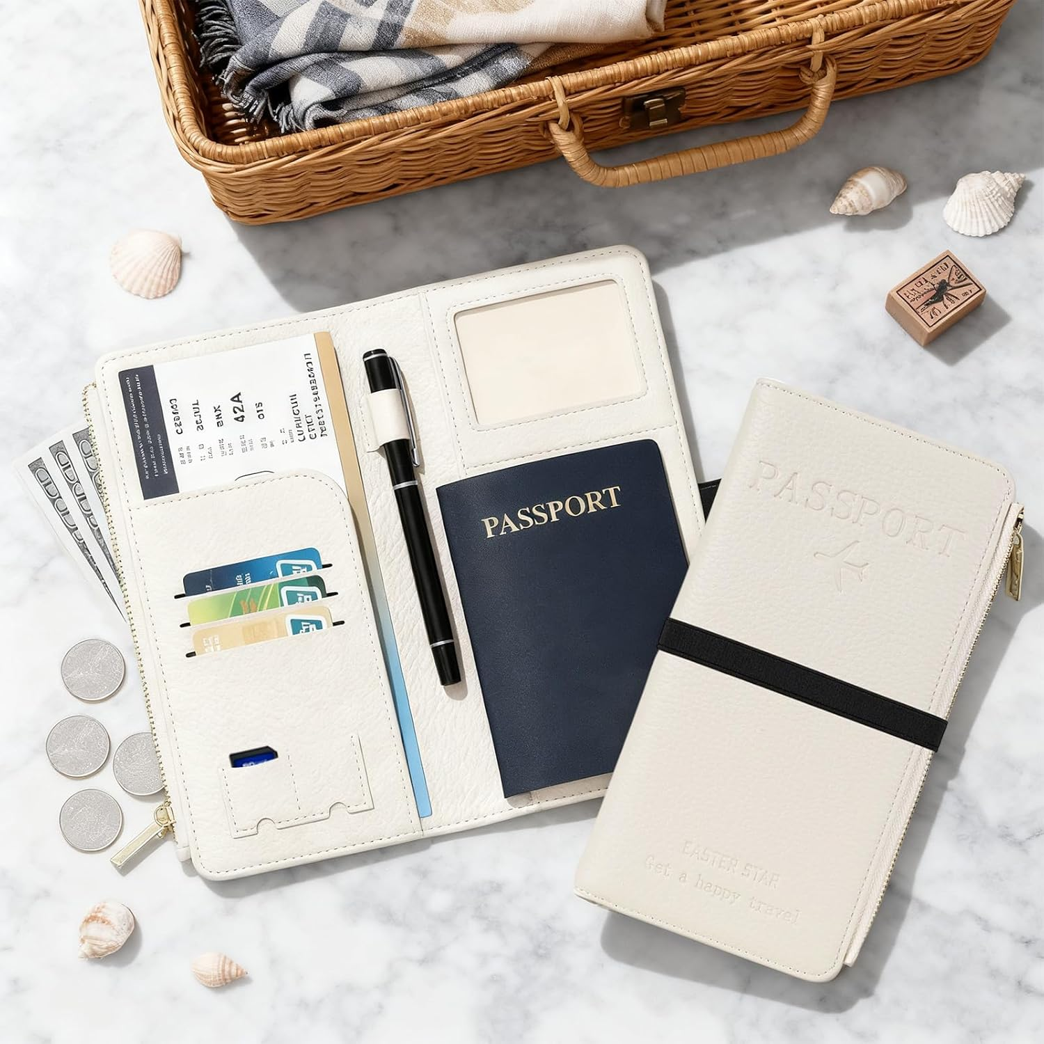 Tzylomirx RFID Passport Holder Wallet, Blocking Leather Travel Wallet with Zipper Pocket, Card Slots & Phone Compartment, Waterproof Travel Organizer Passport Case for Women & Men (White) image number 4