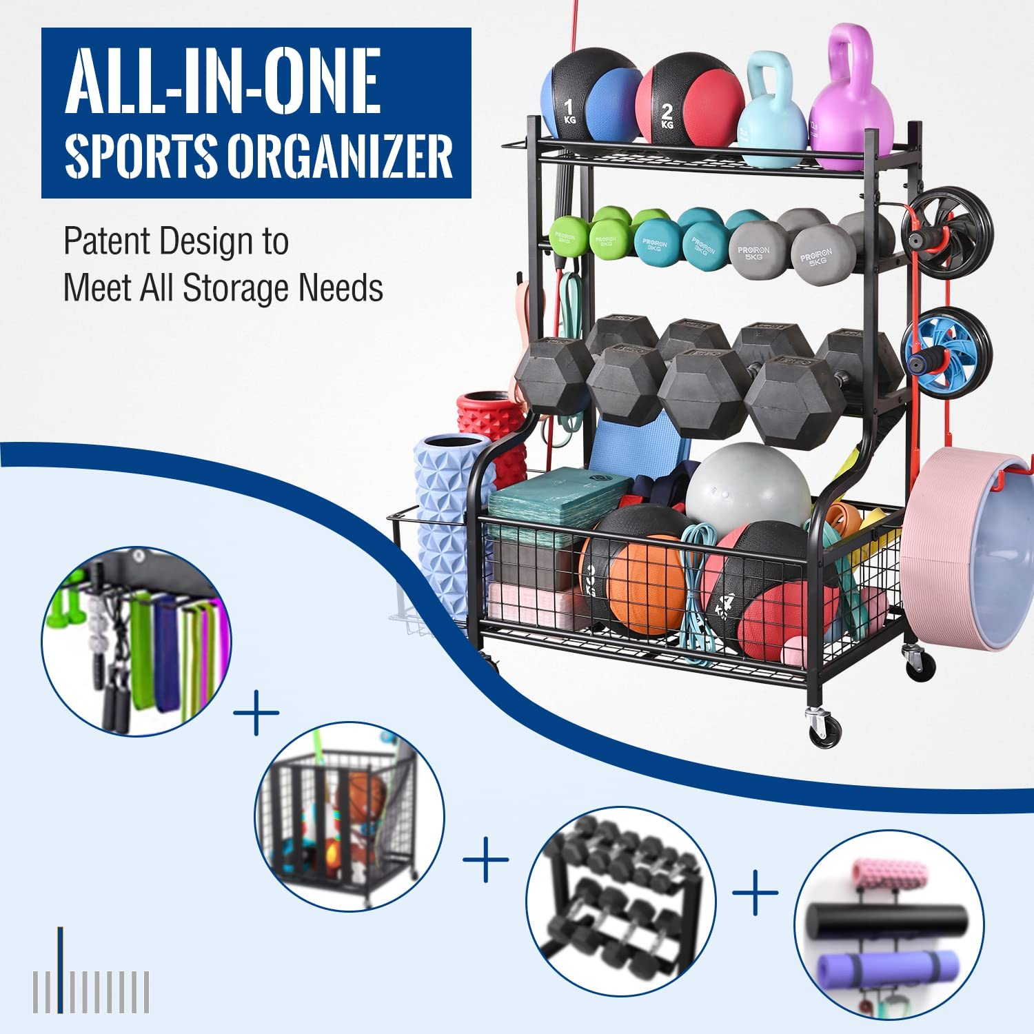 Mythinglogic Dumbbell Rack, Home Gym Storage, Weight Rack for Dumbbells, Yoga Rack, Kettlebells and Yoga Mat Storage, Gym Storage Rack with Wheels and Hooks, Workout Equipment Storage for Fitness And image number 6