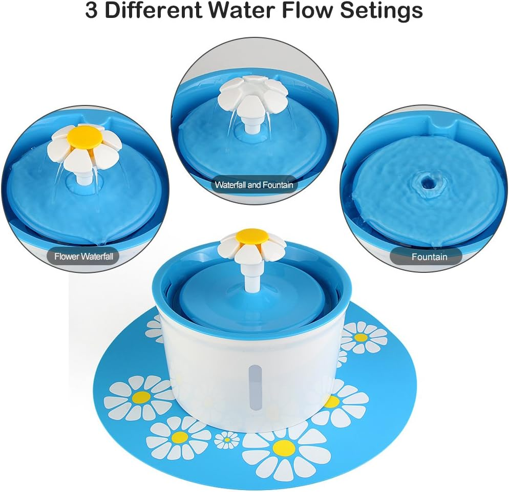 Cat Drinking Fountain Cat Dog Pet Water Fountain Flower Automatic Water Cat Bowl with Free Water Fountain Filter and Silicone Pad, Upgraded 1.6 Liter/54 Oz Pet Water Dispenser (Blue) image number 1