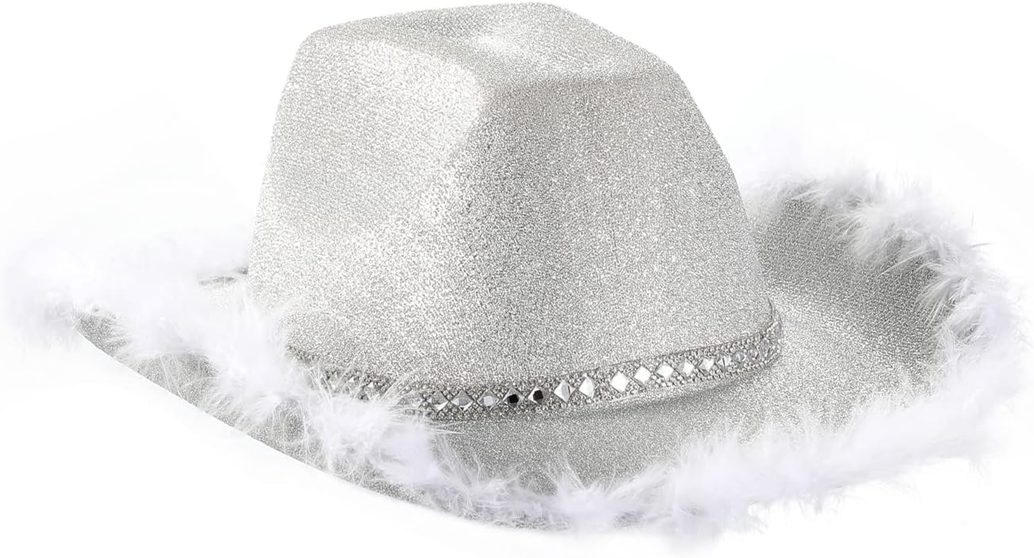 Cowboy Hat Fluffy Feather Trim Cowgirl Hat Adult Western Felt Cow Girl Hat Fancy Dress Party Halloween Cosplay Costume,Silver image number 1