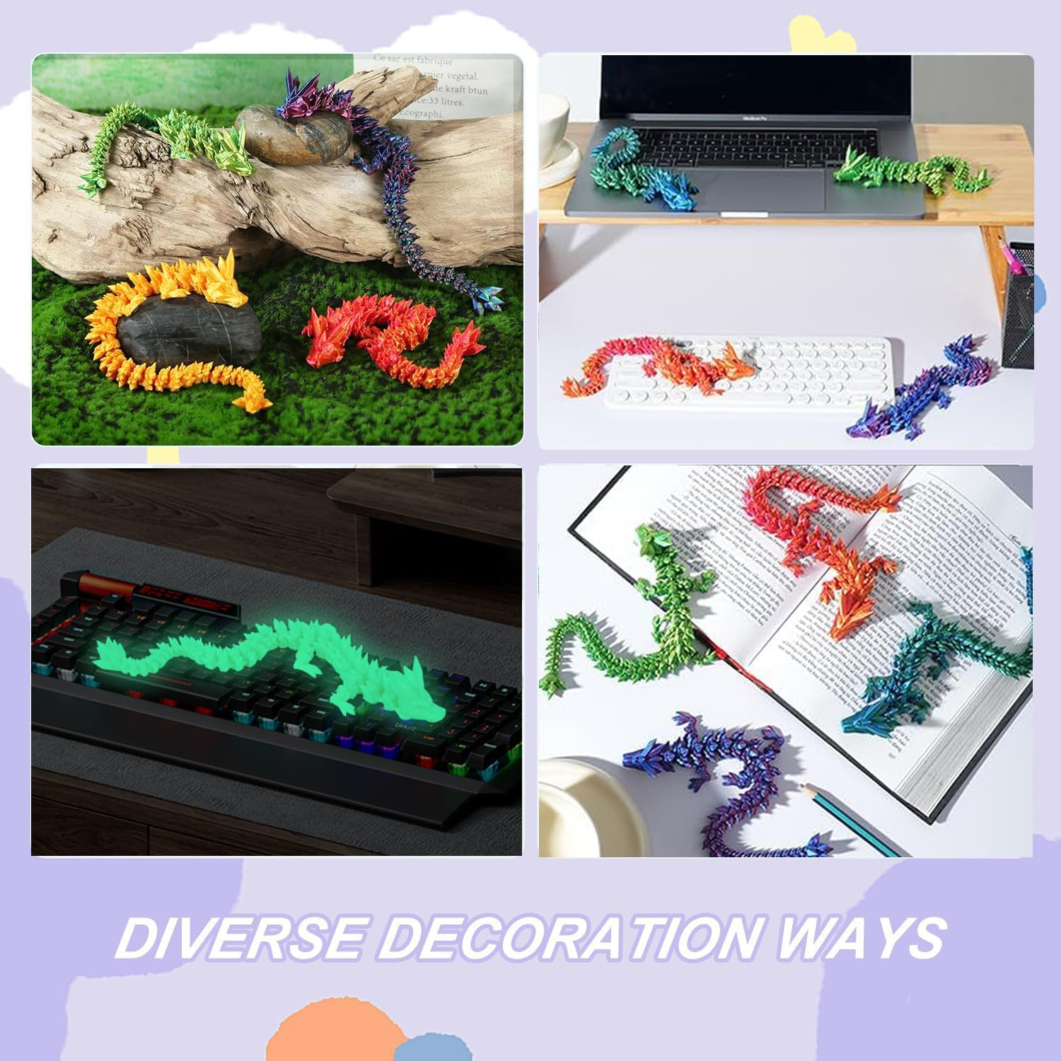 3D Printed Crystal Dragon Fidget Toy, Flexible Articulated 4PCS Animal Decor (4-Piece Set-A) image number 4