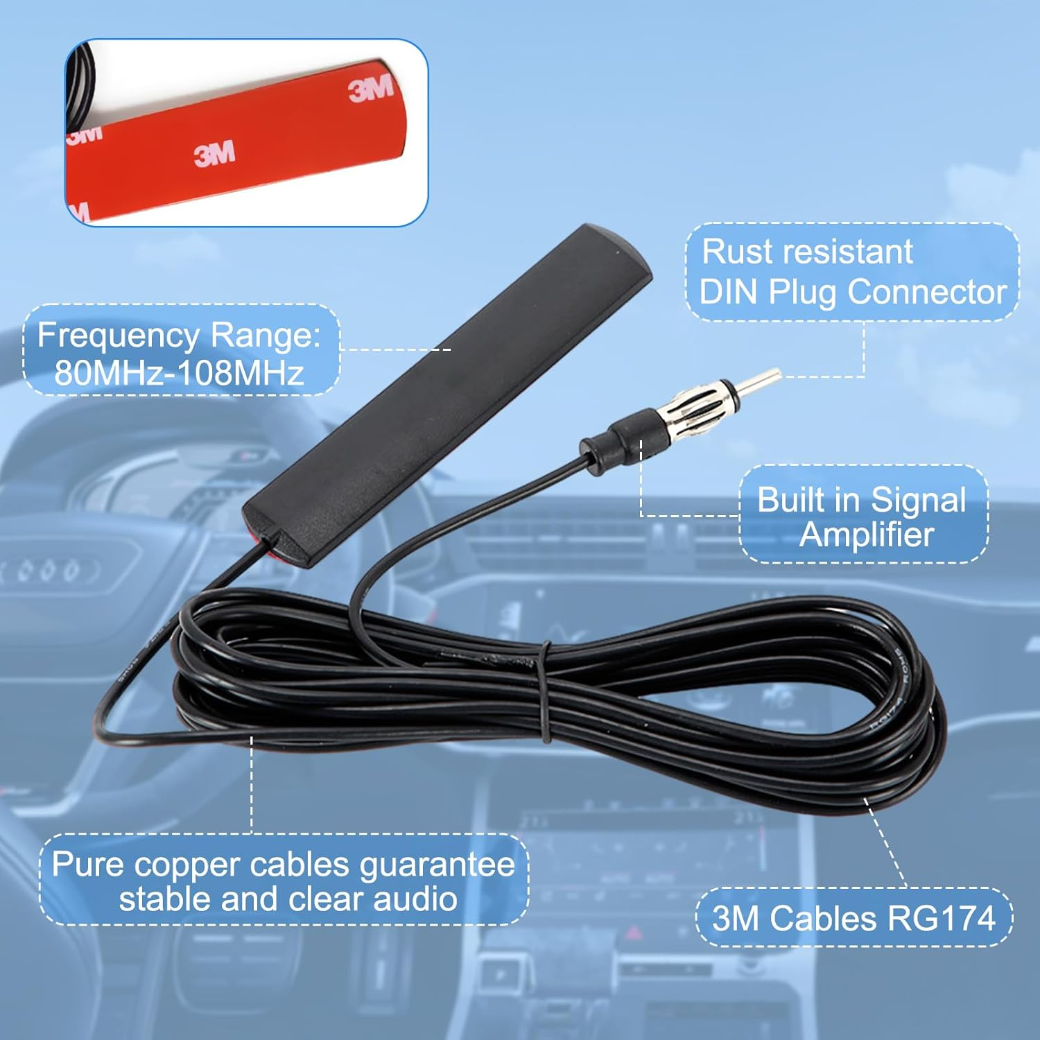 Universal Car Radio Antenna AM FM Hidden Windshield Adhesive Mount Patch Antenna with Cable and DIN Plug Connector for Vehicle Truck SUV Carstereo Media Receiver -10Ft/3Meters image number 1
