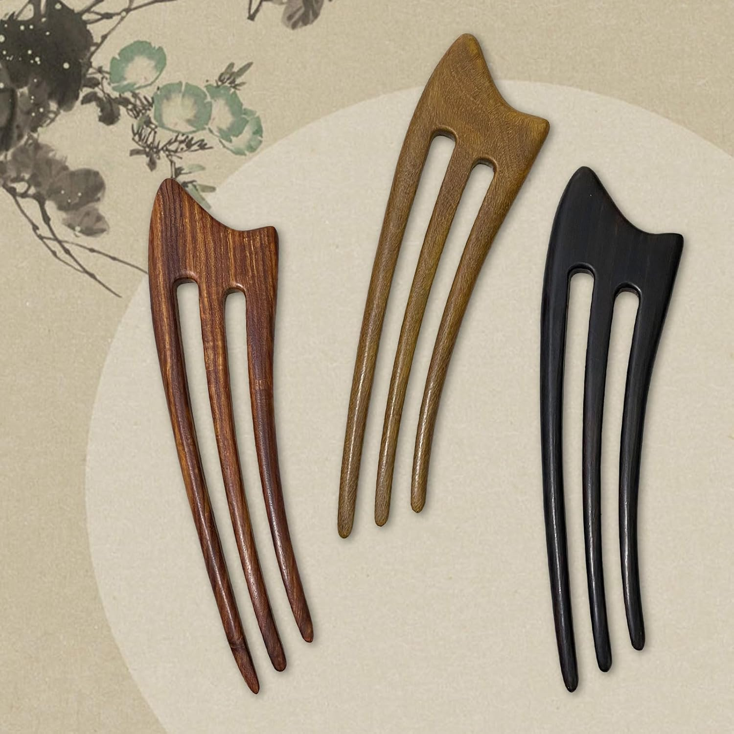 CHOISBEING Wooden French Hair Fork Handmade 3-Prong Hair Stick for Women Ebony Hair Chopsticks for Buns Chignon Hair Pins Accessory (1-Ebony) - 1-Ebony image number 1