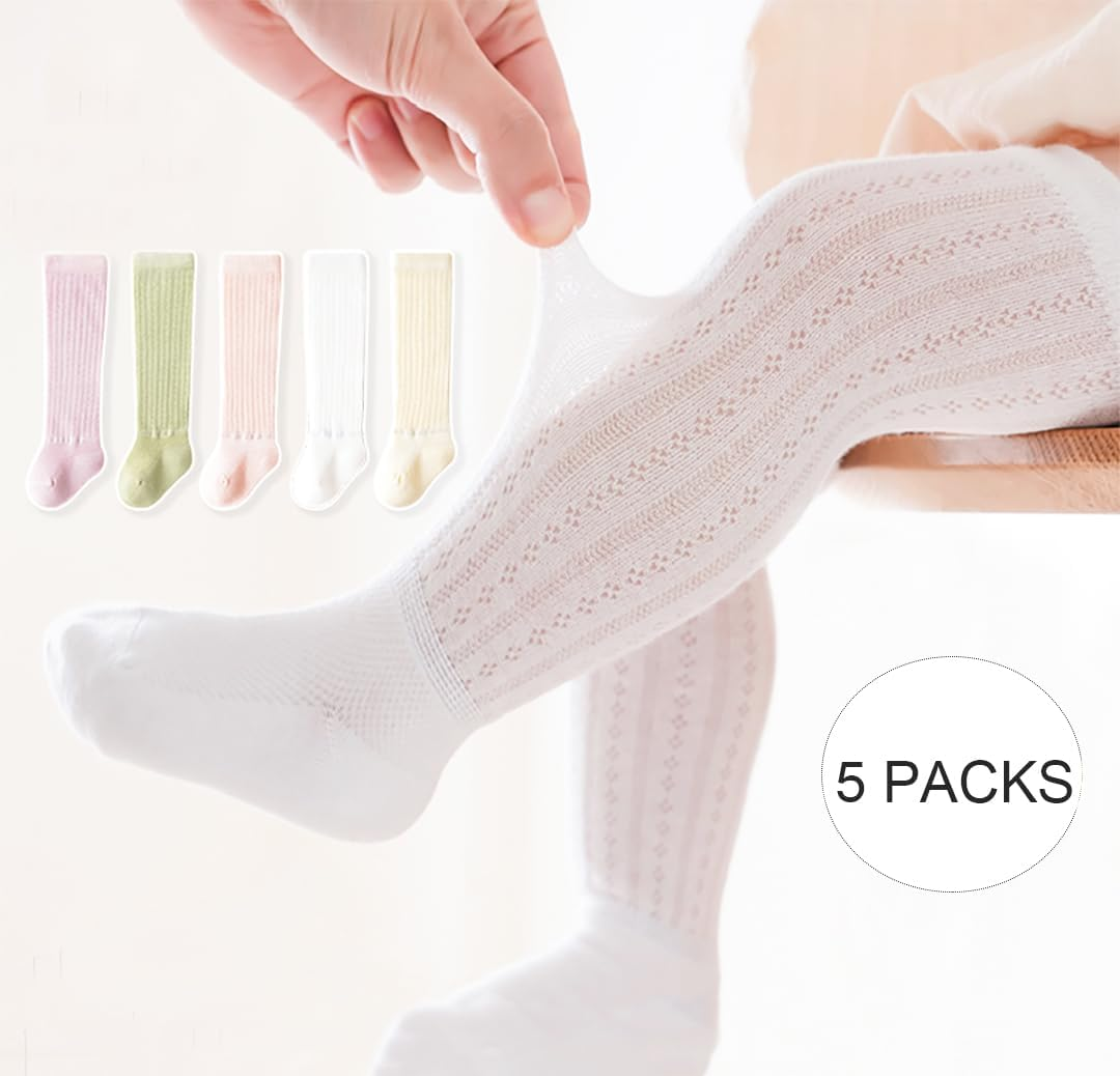 MOMSMENU Baby Girls Knee High Socks Newborn Mesh Cotton Suitable for 0-3 Years Infants Toddlers 5 Pairs image number 1