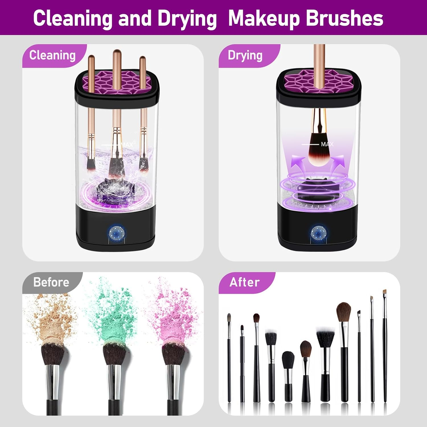 Electric Makeup Brush Cleaner,Quick Efficient Makeup Cleaner for Cleaning and Drying All Brush Types, Portable Automatic Makeup Brush Cleaning Solution for Beauty Lovers-Black - White image number 2