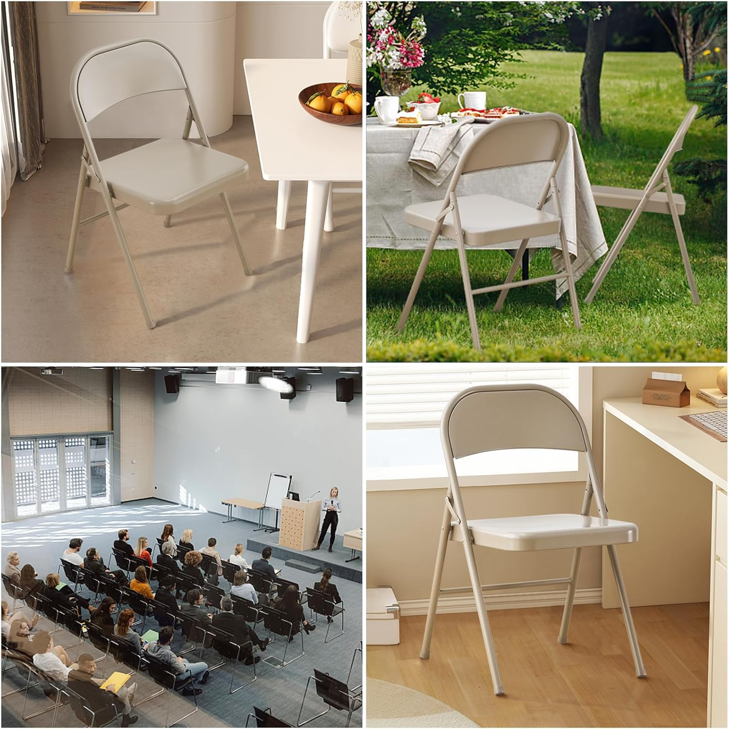 KAIHAOWIN All Steel Folding Chair- Set of 4 Metal Foldable Chairs Indoor with Backrest for Meeting Office Wedding Party Events Space Saving& Heavy Duty-Beige image number 2