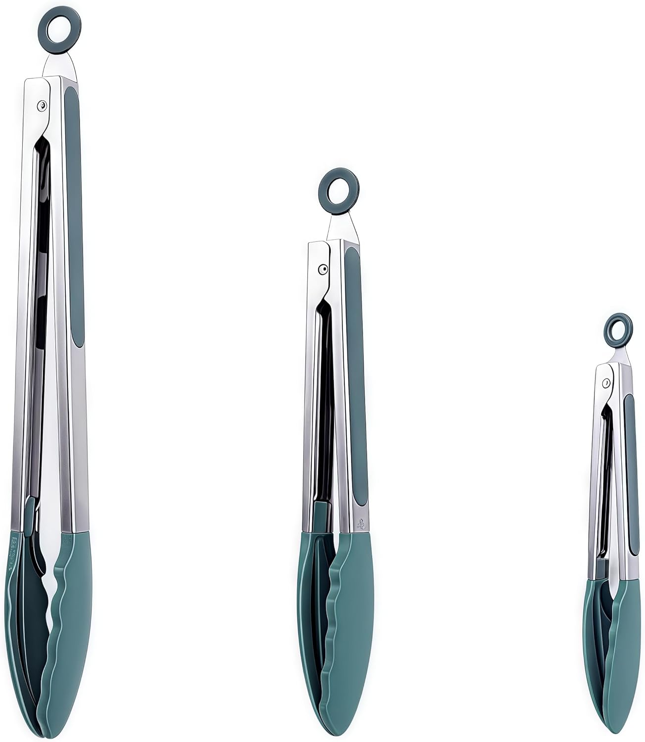 Kitchen Tongs Set of 3, Heat Resistant 250&deg;C, Stainless Steel with Silicone Tips, 21/26/32 Cm, Grey-Green image number 3