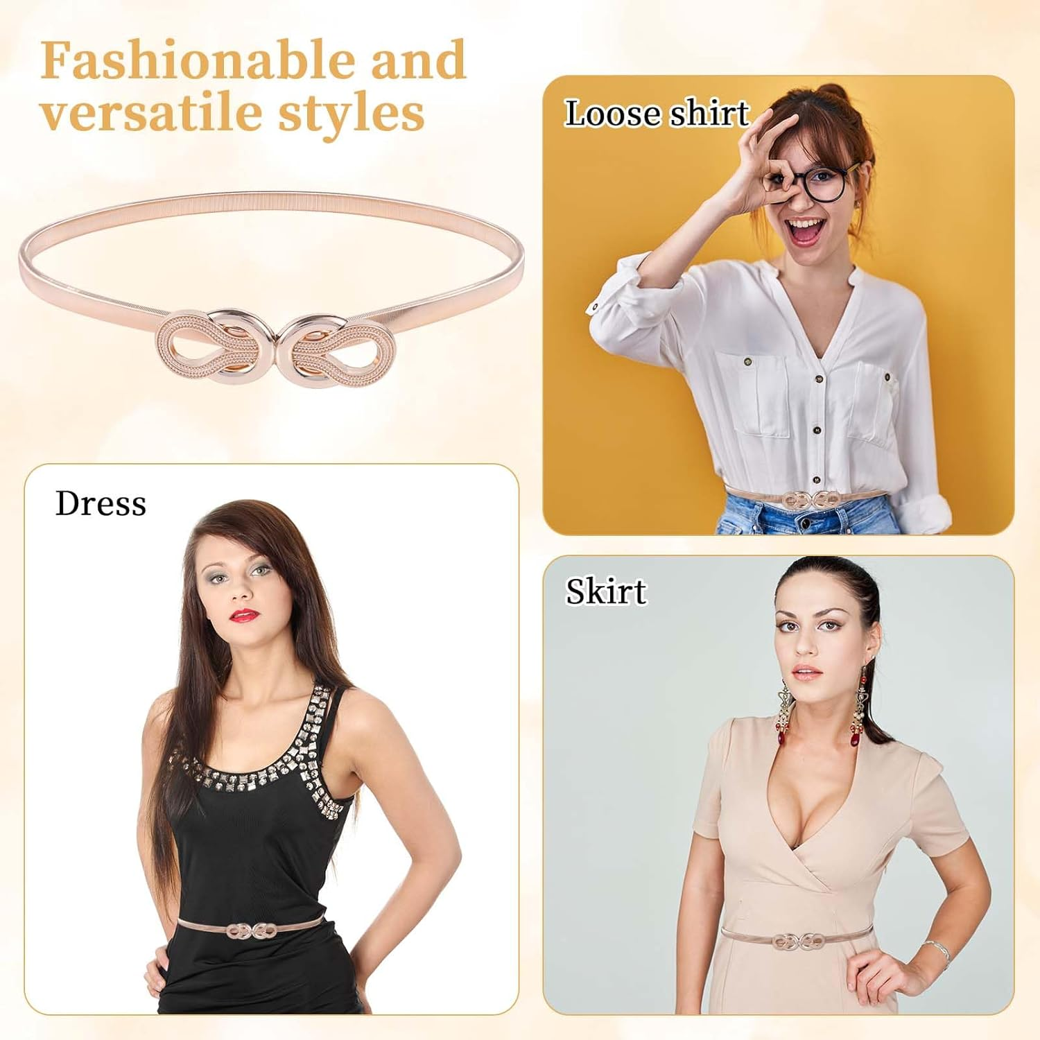 Mikovivi Gold Belt for Women, Metal Elastic Waist Belt Fashion Thin Belts Fancy Skinny Waistband for Ladies Dresses Jeans Shirt image number 6