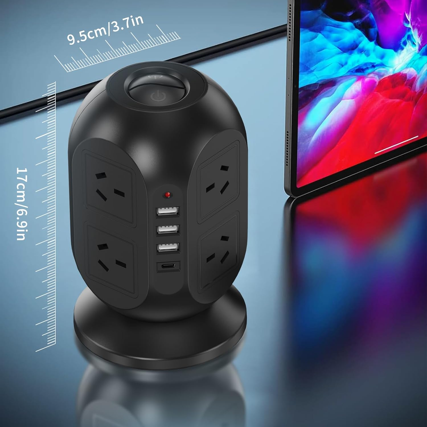 HITRENDS Tower Power Board with USB C, Surge Protection Powerboard with 8 AC Outlets & 4 USB(3 USB-A & 1 Type-C), Power Strip with 2M/6.5FT Extension Cord and Switch for Office Home image number 2