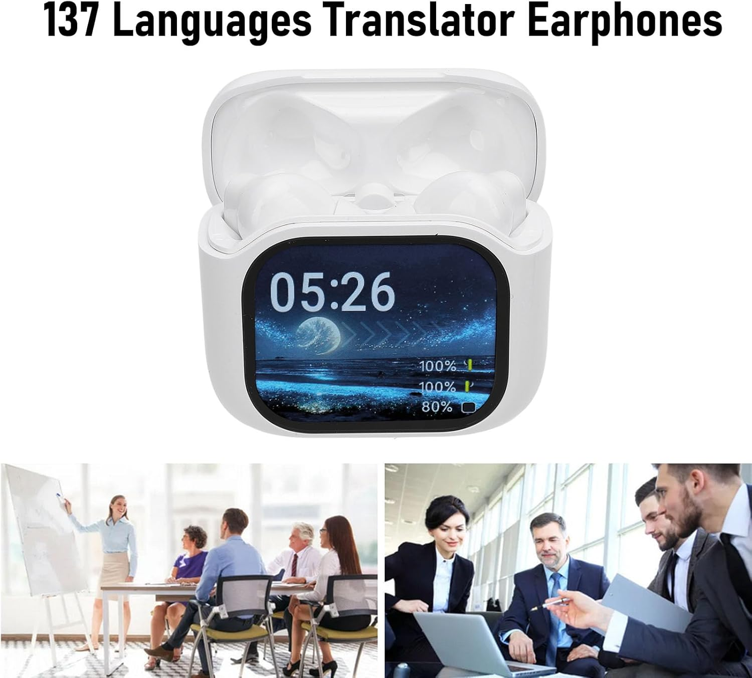 Diyeeni Translation Earbuds, Real Time Language Translator Earbuds with Touch Screen, 137 Languages & Accents, Translation Headphones Cordless, ANC Noise Reduction, IPX5 image number 1