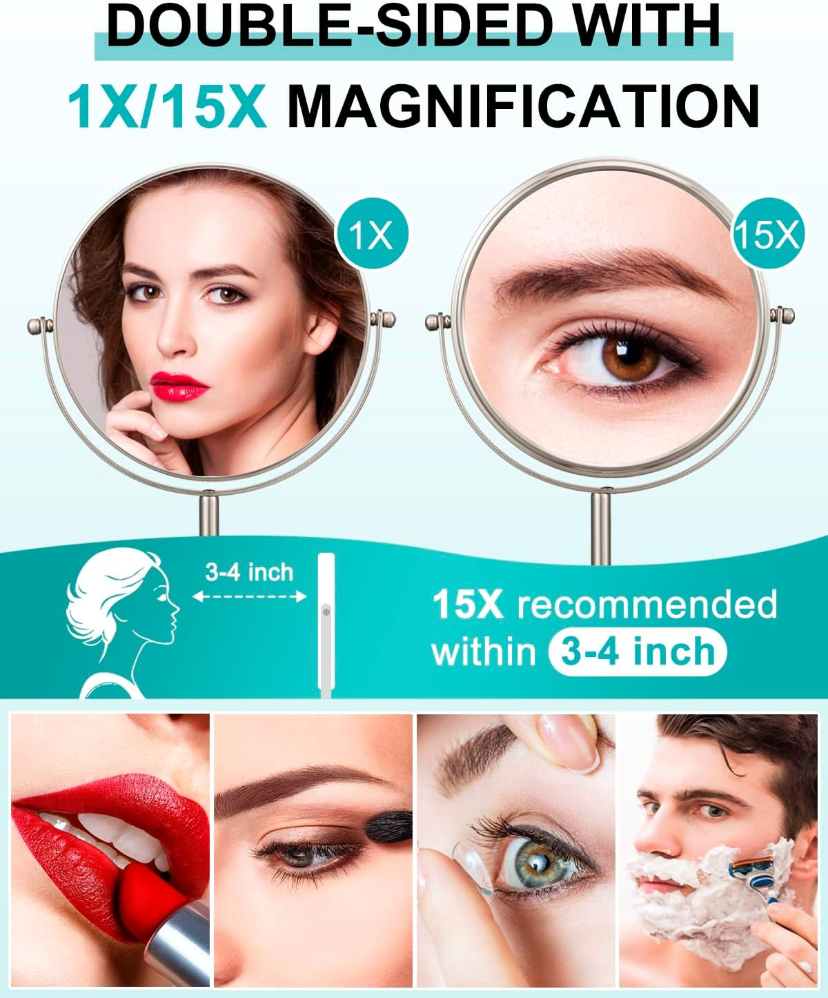 ALHAKIN 1X/15X Magnifying Makeup Mirror, Double Sided Mirror with Stand, Tabletop Desk Mirror 360&deg;Rotation for Bathroom, Nickel image number 3