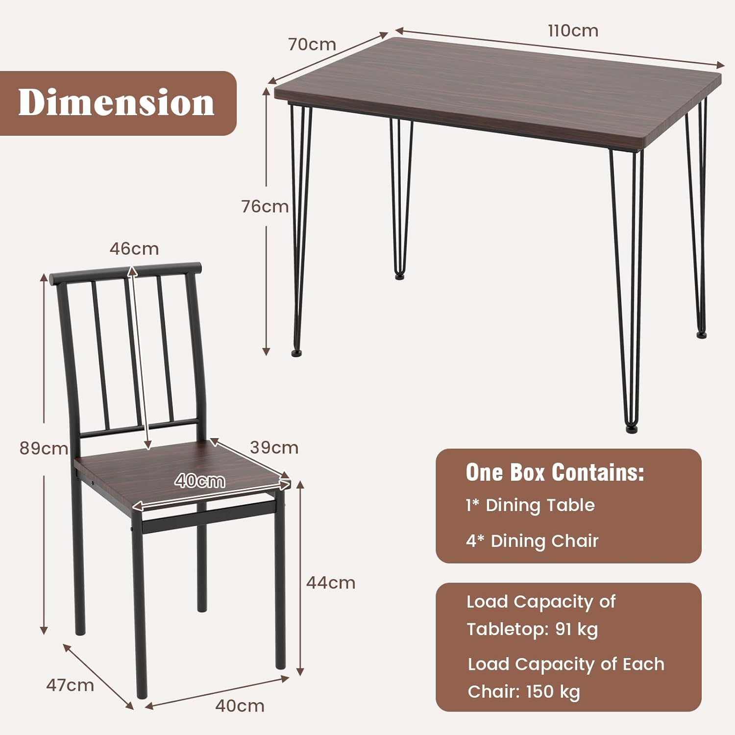 Giantex 5-Piece Dining Table Set for Small Space, Kitchen Table Set for 4, Dining Room Table & 4 Chairs with Metal Frame, Rustic Dining Set for Home Restaurant (Walnut) image number 2
