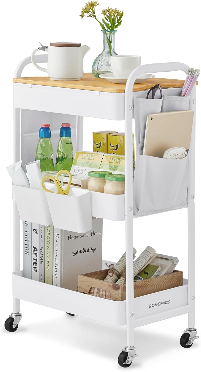 SONGMICS Kitchen Trolley, 3 Metal Mesh Shelves, Serving Trolley, 2 Removable Hanging Containers, 2 Organisers, for Office, Kitchen, Living Room, Bathroom, Cloud White LRC036W01