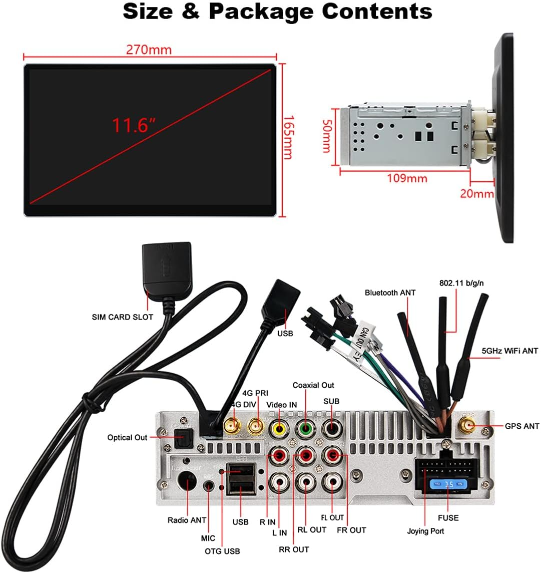 JOYING Navigation Car Stereo 11.6 Inch Octa Core Single Din Android Auto Radio Car In-Dash Navigation GPS Units with Full-Fit 1920X1080 Screen 8GB+128GB Support Bluetooth 5.1,Dvr,Obd2,Back-Up Camera image number 5