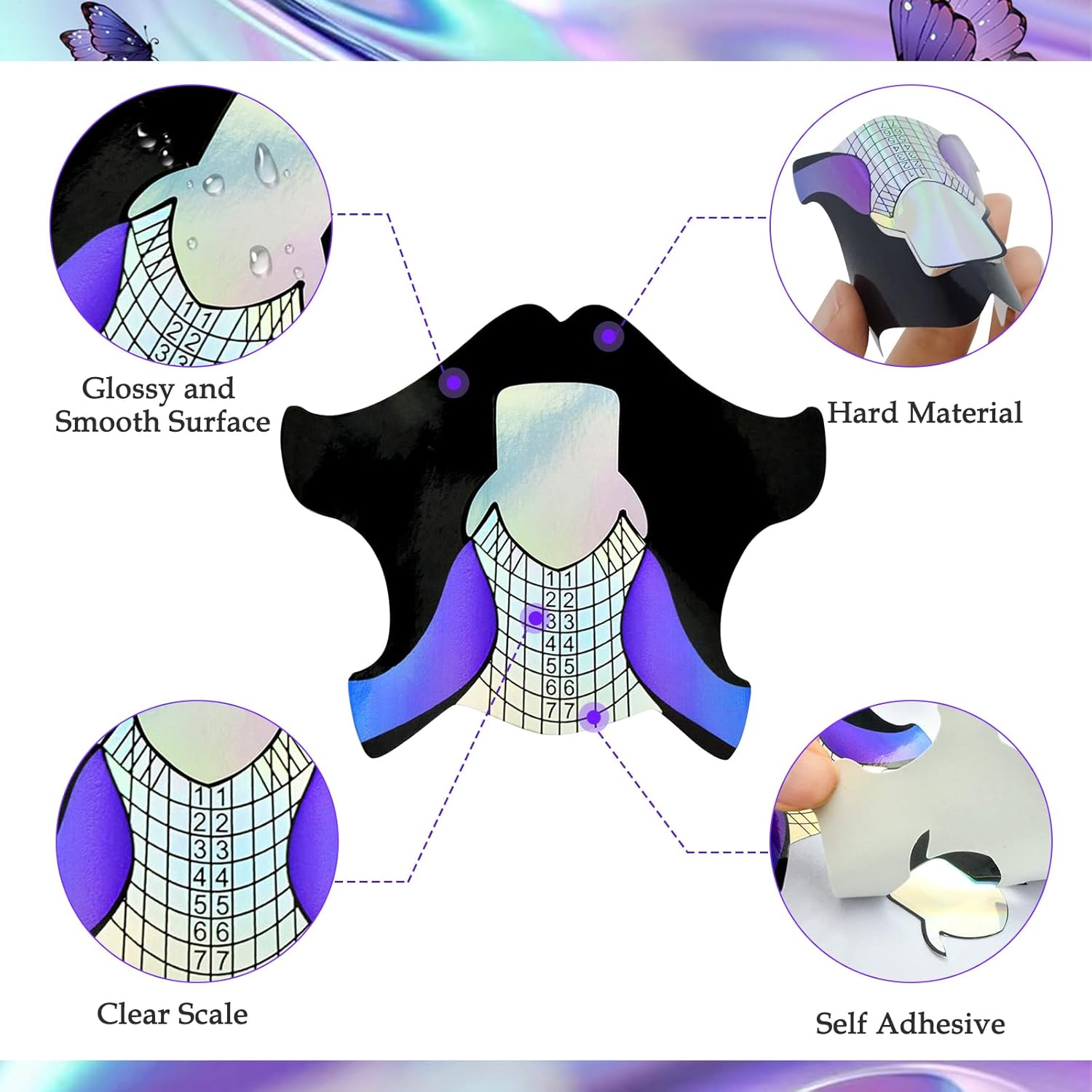 100Pcs Short Black Rainbow Purple Fish Patten Adhesive Nail Forms Guide for UV Gel Acrylic Curve False Nail Tips Extension,Hj-Ntf050 image number 2