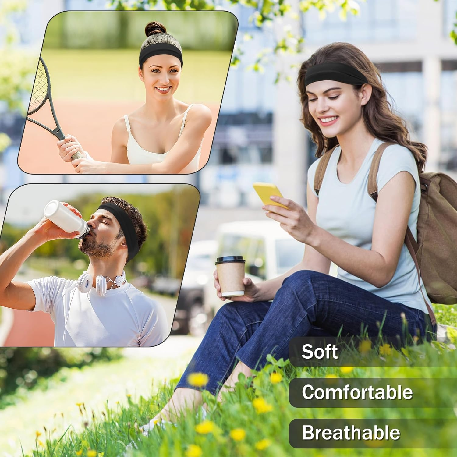 6Cm Wide Headbands for Women Men, [2 PCS] Unisex Fashion Head Bands for Women'S Hair, Soft Fabric Stretchy Elastic Hair Bands for Makeup, Yoga, Running (Black+Black, One Size) image number 5