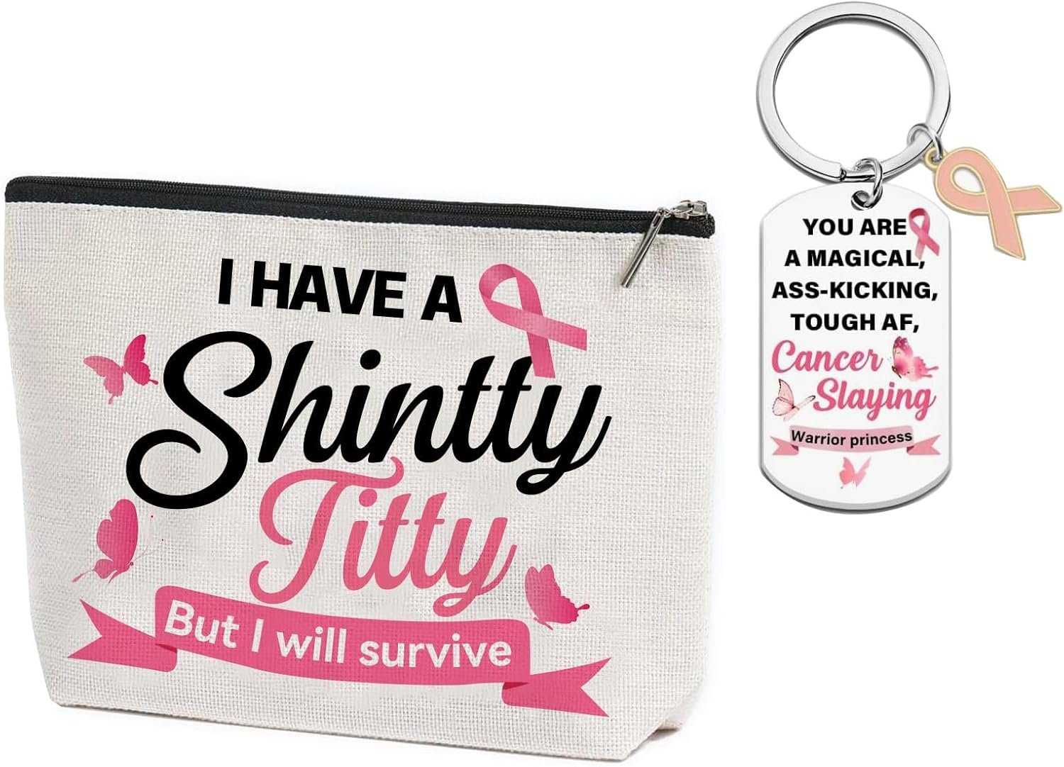 Kuskins Breast Cancer Survivor Gift Set for Women - 2Pcs Makeup Bag and Keychain,Pink Ribbon Awareness Toiletry Bag Set for Women, Survivor Inspirational Gifts image number 3