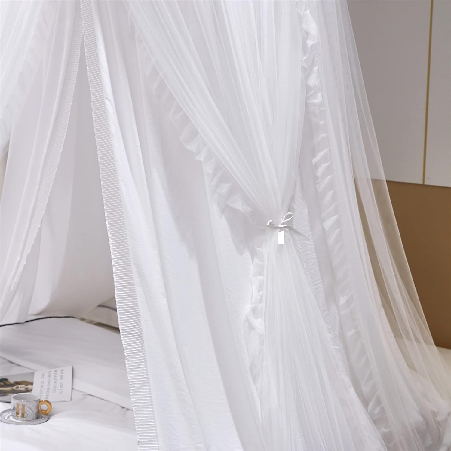 VETHIN Double Layer Princess round Dome Canopy Bed Curtain for Girls Adults,Children Dreamy Mosquito Net,Cute Bedroom Decoration Castle Play Tent Reading Nook Canopies (Dome-White/White) image number 6