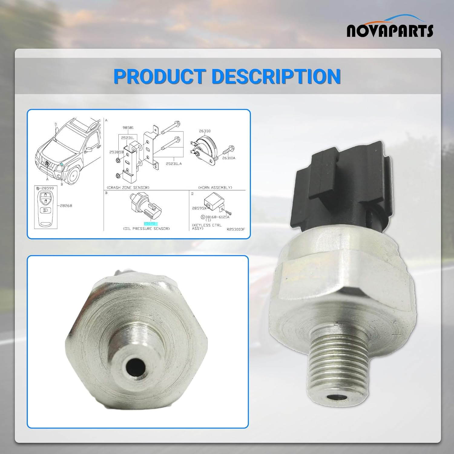 NOVAPARTS PS417 25070-CD00A Engine Oil Pressure Sensor Sender Switch for 2009-2019 Nissan GT-R 2003-2008 350Z 2007-2009 Sentra 2005-2009 Xterra 2005-2008 Frontier 2004-2007 Infiniti QX56 25070-CD000 image number 1