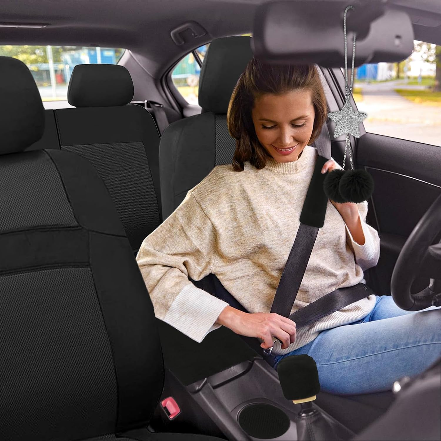 Car Seat Cover Full Set for Women with Waterproof Floor Mats,3D Air Mesh Car Seat Cover with 5Mm Composite Sponge Inside,Universal Fluffy Steering Wheel Cover, Accessories Full(Black) image number 3