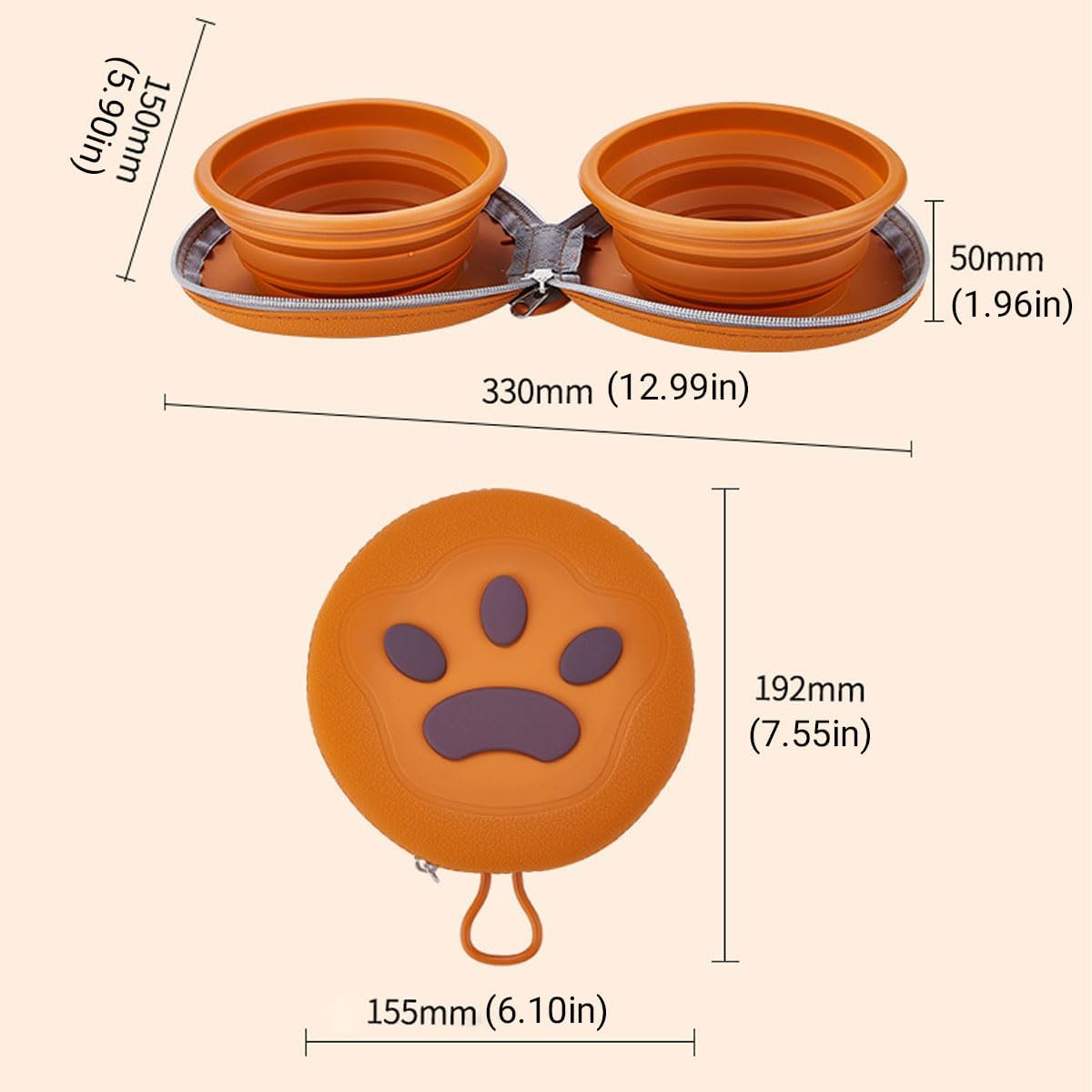 AIMALL Portable Silicone Pet Bowl Double Collapsible Dog Cat Food and Water Feeder, Anti-Knock Travel Feeding Dish with Wall-Hanging Storage, 12.99X5.9In - Beige image number 5