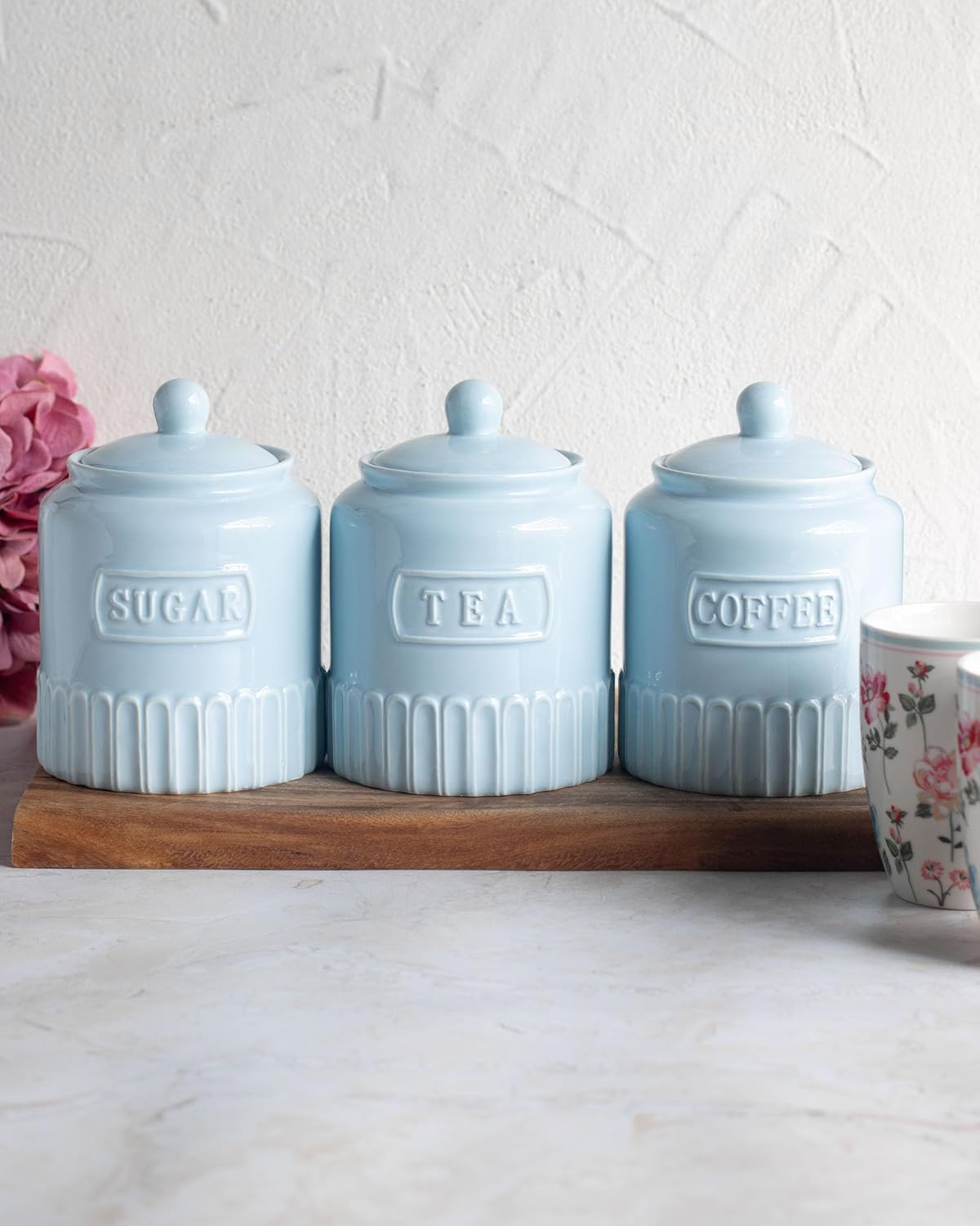 The House of Florence Kitchen Canisters Set, 3 Piece Coffee Tea Sugar Storage Containers, Soft Blue image number 1